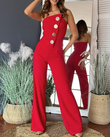 Asymmetrical Bandeau Strapless Jumpsuit Metal Button Decor Casual Overalls
